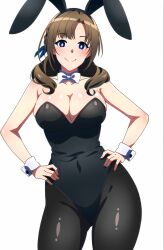 ai_generated brown_hair bunny_ears bunnysuit cleavage curvy do_you_love_your_mom_and_her_two-hit_multi-target_attacks? female female_only hands_on_hips huge_breasts latex mamako_oosuki milf mommy niksplosion_(generator) oosuki_mamako purple_eyes simple_background smile stable_diffusion tsuujou_kougeki_ga_zentai_kougeki_de_ni-kai_kougeki_no_okaasan_wa_suki_desu_ka?