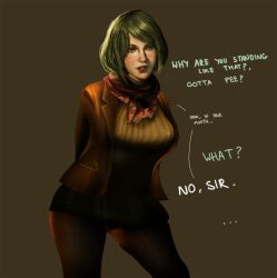 1girls arms_behind_back ashley_graham ashley_graham_(ella_freya) blonde_hair bratty breasts clothed english_text female green_eyes jacket jaguarart large_breasts leon_scott_kennedy pantyhose peeing pov resident_evil resident_evil_4 resident_evil_4_remake solo sweater