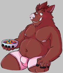 2023 anthro belly bulge cereal clothing food hi_res male mammal moobs navel nipples overweight overweight_male password_(visual_novel) roswell_(password) solo suid suina sus_(pig) underwear unsafescapewolf wild_boar