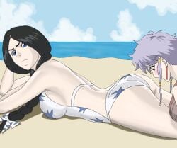 2girls annoyed beach bikini black_hair bleach blush female female/female female_only implied_yuri kotetsu_isane looking_at_another looking_at_ass lying_on_stomach multiple_girls on_stomach outdoors passcia seaside silver_hair staring staring_at_ass swimsuit teacher_and_student unohana_retsu yuri