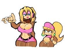 2girls big_ass big_breasts blonde_hair blue_eyes breast_envy candy_kong dixie_kong donkey_kong_(series) eks-out flat_chest green_eyes handjob_gesture huge_breasts monkey monkey_girl nintendo pink_shorts primate seductive_eyes suggestive_gesture thick thick_thighs wide_hips