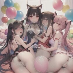 4girls after_anal ai_generated anus balloon balloons catgirls cum female gaping gaping_anus looner one_piece_swimsuit