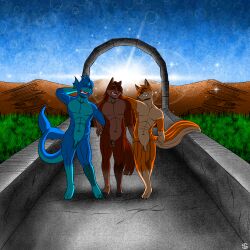 anthro canid canine equid equine fox group hi_res horse male male/male mammal nude sergld walking waterdragon