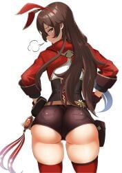 1girls amber_(genshin_impact) annoyed ass ass_focus booty_shorts female from_behind genshin_impact hi_res looking_at_viewer sigh solo standing thick_thighs thighhighs yuzu_kiro