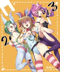 3girls ass bare_back bare_shoulders black_garter_belt black_garter_straps black_gloves blue_eyes blush breasts brown_hair bunny_ears bunny_girl bunny_tail bunnysuit cleavage female female_only footwear glasses green_hair grey_pantyhose hair_between_eyes kirishima_romin kotori_mizuki looking_at_viewer looking_back medium_hair mibry_(phrysm) multiple_girls nipples ohdo_yuamu open_mouth orange_eyes orange_high_heels pantyhose peace_sign playboy_bunny purple_eyes purple_hair purple_pantyhose romin_kirishima small_breasts solo_focus standing straight striped_legwear striped_thighhighs thick_thighs thighhighs thighs tori_meadows twintails uncensored wide_hips wrist_cuffs yu-gi-oh! yu-gi-oh!_go_rush!! yu-gi-oh!_rush_duel yu-gi-oh!_sevens yu-gi-oh!_zexal yuamu_ohdo