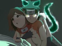 2girls :3 assertive assertive_female boruto:_naruto_next_generations brown_eyes brown_hair cat_ears cat_tail catgirl clothing dark_room embarrassed female female_only glowing glowing_eyes green_eyes groping izuno_wasabi looking_away lying lying_on_person lying_on_stomach multiple_girls naruto naruto_(series) no_bra open_clothes open_jacket optimystic prone_bone sharp_teeth suzumeno_namida tied_hair twintails young yuri