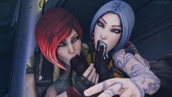 1boy 2girls 3d ball_sucking blowjob blue_hair borderlands cock_worship cum_in_mouth dark-skinned_male dark_skin interracial light-skinned_female lilith_(borderlands) looking_at_viewer maya_(borderlands) nynx oral red_hair sucking_testicles teamwork threesome