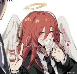 2boys angel_devil_(chainsaw_man) blush chainsaw_man eating femboy gay halo hayakawa_aki ice_cream kurenaiz1 peace_sign red_eyes red_hair seductive seductive_look suit text yaoi