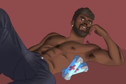 1boy abs baptiste clothing dark-skinned_male dark_nipples dark_skin earrings finger_in_mouth hairy hairy_armpits hairy_chest hairy_male looking_at_viewer male_only nipples on_back overwatch overwatch_2 semi-clothed solo_male trousers unbuttoned_pants