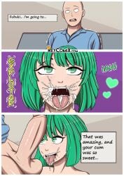 cock cum cum_in_mouth cumshot dick female fubuki_(one-punch_man) green_hair greendogg one-punch_man pelking1 saitama translated