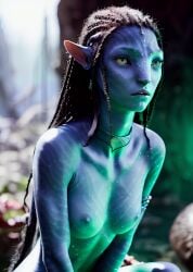 1girls ai_generated alien alien_girl alien_only athletic_female avatar avatar:_the_way_of_water black_hair blue_skin braided_hair breasts curious cute female larger_female na'vi neytiri nude pointy_ears realistic small_breasts yellow_eyes