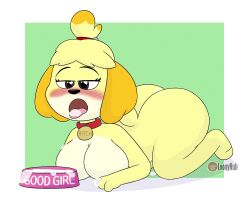 all_fours animal_crossing anthro ass blush canine collar collar_tag dog_bowl female femsub furry isabelle_(animal_crossing) loonynub nintendo nude pet_bowl petplay tongue_out