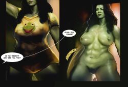 1girls abs big_breasts black_hair breasts comic covered_nipples dialogue english_text female female_only green-skinned_female green_nipples green_skin hairy hairy_pussy huge_breasts hulk_(series) jaguarart marvel marvel_cinematic_universe marvel_comics muscular muscular_female naked_shirt no_panties pubic_hair ripped_clothes she-hulk she-hulk:_attorney_at_law solo speech_bubble t-shirt t-shirt_only tatiana_maslany tearing_clothes undressing you_gonna_get_raped