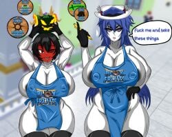 2girls apron apron_only areola_slip areolae artist_request blox_fruits breasts cleavage dialogue english_text hat minstlu multiple_girls mygame43 naked_apron rip_indra roblox roblox_avatar roblox_game robloxian rule_63 source_request tagme text thick_thighs thighs valkyrie_helm white_skin