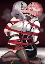 2girls ball_gag blue_eyes blush bondage bound bound_together breasts_to_breasts drooling female femsub forced_partners forced_yuri fully_clothed gag gagged grey_hair hololive hololive_japan holox kissing multiple_girls multiple_subs pantyhose red_eyes red_hair restrained rope rope_bondage sakamata_chloe sasakura_(calicchio) shared_gag shiny_clothes skirt stockings sweat takane_lui tied tied_together tied_up virtual_youtuber yuri