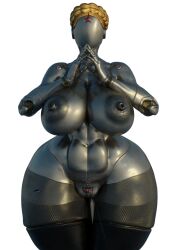 1girls 3d 3d_(artwork) abs absurd_res atomic_heart big_areola big_areolae big_breasts big_nipples child_bearing_hips curvy curvy_female curvy_figure erect_nipples faceless faceless_character female_only feversfm golden_hair green_skin headwear hips hyper_breasts joints looking_at_viewer nipples pussy robot robot_girl russian_text silver_skin solo solo_female solo_focus the_twins_(atomic_heart) thick thick_thighs thighhighs voluptuous waist