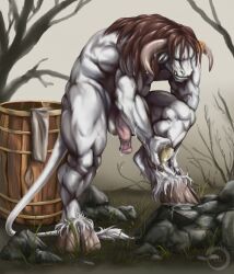 2022 anthro balls barrel bathing blizzard_entertainment bovid bovine brown_hair digital_media_(artwork) fur genitals hair hi_res hooves horn kesego male mammal muscular muscular_anthro muscular_male nude outside penis signature solo st.likhod standing tauren warcraft wet wet_body wet_fur wet_hair white_body white_fur