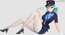 1girls arm_support artist_name big_breasts breasts curvy female gloves green_hair handcuffs high_heels large_breasts legs looking_at_viewer medium_hair narrow_waist nidavellirstudios nintendo officer_jenny_(pokemon) pantyhose pokemon pokemon_rgby police_hat police_officer police_uniform policewoman ponytail red_eyes sitting slender_waist smile solo source_deleted thighs thin_waist upscaled waifu2x white_legwear wide_hips