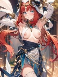 ai_generated belly_dancer belly_dancer_outfit blue_eyes breasts breasts_out dancing exhibitionism exposed_breasts female female_only genshin_impact harem_outfit looking_at_viewer nilou_(genshin_impact) nipples red_hair smile wardrobe_malfunction