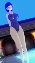 3d big_breasts black_hair female hairpin kirigaya_suguha koikatsu lovac22 night nipples pool shiny_clothes short_hair swimsuit sword_art_online translucent_clothing wet