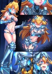 2girls blonde_hair blue_eyes bra breasts chastity chastity_belt chastity_device cleavage collar crown female female_chastity female_only gloves headgear high_heel_boots high_heels ibenz009 large_breasts liquid_metal long_hair mario_(series) metal metal_boots metal_bra metal_collar metal_girl metal_gloves metal_high_heels metal_panties metal_transformation metallic_body midriff navel nintendo panties princess_daisy princess_peach robotization thighhigh_boots transformation