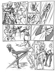 1boy 1girls ballbusting black_and_white castration cbt cock_and_ball_torture comic defeated english_text fat_ass female fighting huge_ass huge_breasts humiliation instant_loss isabella_valentine kicking_balls male monochrome ocigart pants_down pantsed penis shocked shocked_expression soul_calibur soul_calibur_iv speech_bubble testicles text