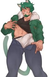 1boy bulge clothed erection_under_clothes green_hair grin jacket male_only muscular open_pants shmihorny solo underwear