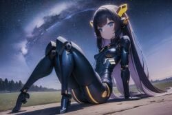 1girls ai_generated blue_eyes cyborg female milky_way mosfgame night outdoors purple_hair robot robot_girl robot_humanoid robotic_arm robotic_legs sky small_breasts solo starry_sky tree