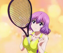 anime_screencap between_breasts breasts female female_focus kawai_hanabi keijo!!!!!!!! large_breasts purple_eyes purple_hair racket swimsuit tennis_racket