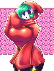 1girls aspenofsimpcon belt big_breasts black-skinned_female black_skin blush blush_lines breasts clothed clothes clothing eyelashes female female_only fully_clothed green_hair hair_over_one_eye hips hood humanoid large_breasts mario_(series) mask nintendo shy_gal shy_gal_red solo solo_female thick thick_thighs thighs thin_waist wide_hips