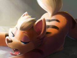 2019 4:3 ajin anthro anthro_only anthrofied biped black_body black_fur blue_eyes breasts brown_nose canid cheek_tuft eyelashes facial_tuft female front_view fur generation_1_pokemon growlithe half-closed_eyes head_tuft hi_res kneeling looking_at_viewer lying mammal narrowed_eyes nintendo on_front open_mouth orange_body orange_fur pokemon pokemon_(species) pokemorph side_view signature solo stretching striped_body striped_fur stripes tongue tongue_out tuft white_body white_fur yawn