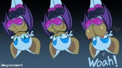 big_breasts breast_slip breasts_out clothed clothing english_text female female_only gradient_background hanging_breasts nipples omegasunburst onomatopoeia rouge_the_bat sega simple_background sonic_(series) surprised upside-down upside_down