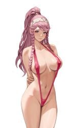 1girls absurdres areola_slip arms_behind_back bangs braid breasts breasts_apart closed_mouth collarbone commission covered_nipples english_commentary female female_only fire_emblem fire_emblem_awakening groin hairband highres jonbur_man large_breasts long_hair looking_at_viewer navel nintendo olivia_(fire_emblem) one-piece_swimsuit pink_eyes pink_hair pixiv_commission ponytail red_one-piece_swimsuit sling_bikini slingshot_swimsuit solo swimsuit twin_braids white_background white_hairband