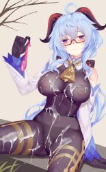 ahoge aoi_(buzhuen444) bangs bare_shoulders black_gloves black_panties blue_hair blush bodystocking breasts cameltoe commentary_request condom cum cum_on_body cum_on_breasts cum_on_clothes cum_on_legs cum_on_legwear detached_sleeves facial female flower_knot ganyu_(genshin_impact) genshin_impact glasses gloves grey_background holding holding_condom horns large_breasts long_hair long_sleeves looking_at_viewer paid_reward_available panties panties_under_pantyhose pantyhose purple_eyes red-framed_eyewear semi-rimless_eyewear simple_background sitting smile solo under-rim_eyewear underwear used_condom very_long_hair vision_(genshin_impact)