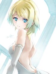 1girls absurdres alternate_costume artist_name back back_view backless_dress backless_outfit bare_back bare_shoulders blonde_hair blue_eyes blue_hair clear_glass_(mildmild1311) dress elbow_gloves female female female_only fire_emblem fire_emblem_heroes fjorm_(fire_emblem) gloves gradient_hair highres looking_at_viewer looking_back milestone_celebration multicolored_hair nintendo signature smile solo strapless strapless_dress twitter_username white_dress white_gloves