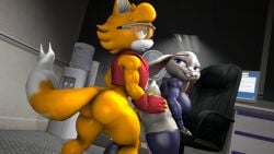 1boy 1futa 3d balls clothing crossover eastern_and_western_character eden_the_fox femboy fox fox_ears futa_penetrated futanari glasses indoors intersex judy_hopps large_breasts male male_on_futa male_penetrating male_penetrating_futa nackey rabbit rabbit_ears sex sonic_(series) source_filmmaker source_request stockings tagme zootopia