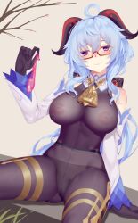 ahoge aoi_(buzhuen444) bangs bare_shoulders black_gloves black_panties blue_hair blush bodystocking breasts cameltoe commentary_request condom detached_sleeves female flower_knot ganyu_(genshin_impact) genshin_impact glasses gloves grey_background holding holding_condom horns large_breasts long_hair long_sleeves looking_at_viewer paid_reward_available panties panties_under_pantyhose pantyhose purple_eyes red-framed_eyewear semi-rimless_eyewear simple_background sitting smile solo under-rim_eyewear underwear used_condom very_long_hair vision_(genshin_impact)