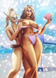 2girls 3d assisted_exposure blizzard_entertainment blonde_hair brown_hair dark-skinned_female dark_skin embarrassed flashing_breasts high_elf kirin_tor_symbol lidcarter light-skinned_female light_skin liraniel original_character shyra_nightspark violet_eyes warcraft world_of_warcraft