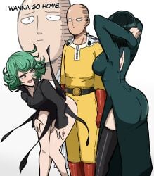 1boy 2girls alpha_male ass bent_over big_breasts bottomless breasts doggy_style english_text esper_sisters female fubuki_(one-punch_man) fully_clothed funny gloves green_eyes green_hair i_wanna_go_home male mark_gavatino meme multiple_girls one-punch_man saitama short_hair sisters standing tatsumaki text thighs