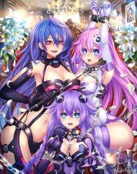 3girls beluga_dolphin blue_eyes blue_hair blush bodysuit bondage bound braid breasts chains chandelier clothing_cutout collar cuffs dominatrix elbow_gloves female female_only femdom flower gloves hair_ornament histoire hug indoors iris_heart kami_jigen_game_neptune_v large_breasts leash leotard linked_collar long_hair looking_at_viewer medium_breasts multiple_girls naughty_face navel nepgear neptune_(neptunia) neptunia_(series) open_mouth painting_(object) petals pink_hair plutia portrait power_symbol purple_hair purple_heart_(neptunia) purple_sister red_eyes riding_crop siblings signature sisters slave smile spiked_collar spikes symbol-shaped_pupils twin_braids very_long_hair yuri