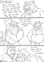 2019 age_difference anthro anthro_on_anthro balls bear beard belly biceps body_hair chastity_cage chastity_device chest_hair collar comic cross-popping_vein dialogue dressing duo english_text facial_hair father father_and_child father_and_son genitals headlock hi_res incest key male male/male mammal mature_male monochrome moustache muscular muscular_male navel nipples older_male open_mouth overweight overweight_male parent parent_and_child penis plaguedobsession pubes son text yaoi younger_male