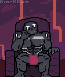 abs bara barazoku bulge glowing_eyes grey_body kin-kkun looking_at_viewer male male_only minecraft muscular muscular_male naked nipples pecs pixel_art simple_background sitting sitting_on_throne skeleton skull thong white_eyes wither_(minecraft)