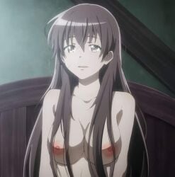 1girls anime_screencap benriya_saitou-san_isekai_ni_iku breasts conscious handyman_saitou_in_another_world large_breasts long_hair nipples nude nude_filter raelza scar scar_on_cheek scar_on_face screencap screenshot third-party_edit xenonangel