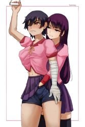 2girls absurdres arm_up artist_name bandaged_arm bandages black_hair black_shorts black_thighhighs blue_eyes breast_grab breasts closed_mouth fingering grabbing grabbing_from_behind hair_between_eyes highres kanbaru_suruga long_hair long_sleeves looking_at_another medium_breasts monogatari_(series) multiple_girls pink_shirt purple_hair purple_skirt reach-around reach_around senjougahara_hitagi seraziel shirt short_hair short_sleeves shorts skirt thighhighs tomboy white_background yellow_eyes yuri