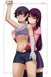 2girls absurdres arm_up artist_name bandaged_arm bandages bare_shoulders black_hair black_shorts black_thighhighs blue_eyes breast_grab breasts closed_mouth fingering grabbing grabbing_from_behind grey_tank_top hair_between_eyes highres horny_female kanbaru_suruga long_hair long_sleeves looking_at_another medium_breasts monogatari_(series) multiple_girls pink_shirt purple_hair purple_skirt pussy_juice pussy_juice_drip_through_clothes reach-around reach_around senjougahara_hitagi seraziel shirt short_hair shorts skirt tank_top thighhighs tomboy white_background yellow_eyes yuri