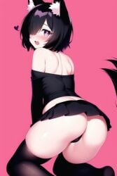 1boy ai_generated back_view black_hair crossdressing femboy fox_ears fox_tail happy heart-shaped_pupils hearts indie_virtual_youtuber looking_at_viewer male nixer nixer_(ai) otoko_no_ko simple_background tagme trap virtual_youtuber vtuber