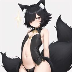 1boy ai_generated black_hair bulge crossdressing femboy fox_ears fox_tail male nixer nixer_(ai) original otoko_no_ko simple_background sparkles tagme trap virtual_youtuber vtuber