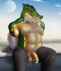 2021 abs anthro arm_tattoo balls beard bedroom_eyes belly belly_hair biceps blue_glans body_hair bottomwear chest_hair chest_tattoo clothed clothing crocodile crocodilian crocodylid facial_hair fangs flaccid genitals glans graventhax grey_hair hair hairy hairy_balls hi_res looking_at_viewer male manly mature_male moon moustache musclegut muscular narrowed_eyes navel nipple_piercing nipple_ring nipples open_bottomwear open_clothing open_mouth open_pants pants pecs penis piercing pubes reptile ring_piercing scalie seductive shoulder_tattoo sitting slightly_chubby solo tattoo teeth topless undressing vein veiny_penis yellow_sclera