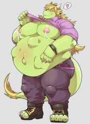 absurd_res ambiguous_gender ambiguous_species anthro blush bodily_fluids bottomwear clothed clothing dragon heart hi_res lactating looking_at_viewer lucusold male male_lactation musclegut pants raised_clothing raised_shirt raised_topwear shirt solo solo_focus topwear vore