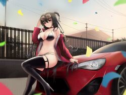 1girls azur_lane bangs bikini bikini_top_only black_bikini black_choker black_hair black_thighhighs breasts car choker cleavage closed_mouth eyewear_on_head female female_focus ground_vehicle hand_in_own_hair hand_on_own_head jacket jacket_pull kcar66t large_breasts light-skinned_female light_skin long_hair looking_at_viewer motor_vehicle official_alternate_costume open_clothes open_jacket petals race_queen red_eyes red_jacket sakura_empire_(azur_lane) scenery side_ponytail sitting solo sunglasses sunglasses_on_head swimsuit taihou_(azur_lane) taihou_(enraptured_companion)_(azur_lane) thighhighs thighs toyota toyota_86